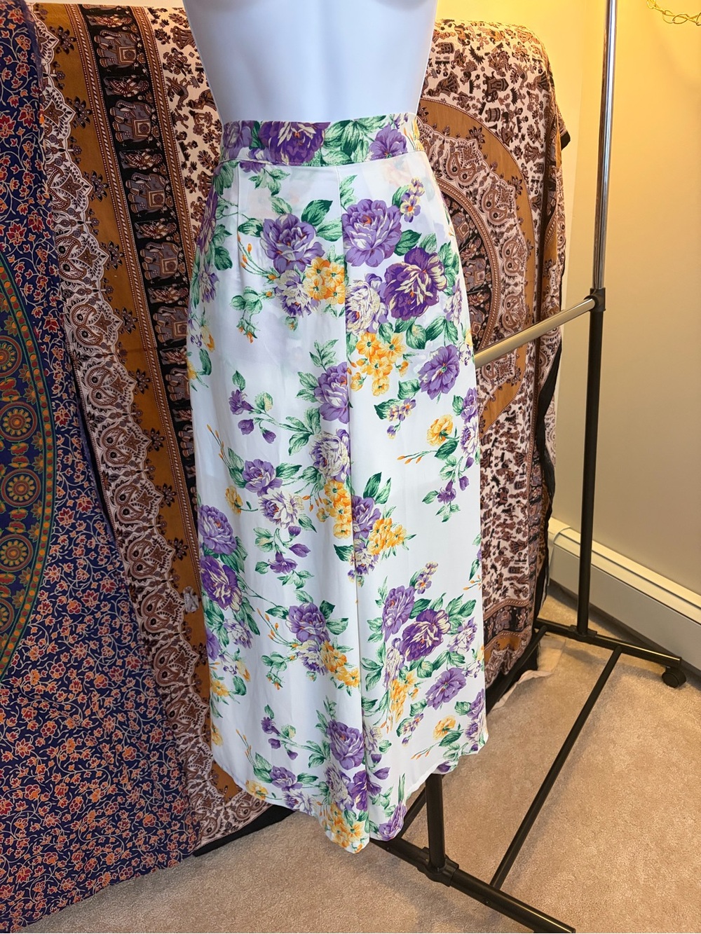 Floral flowy crop pants in White with Purple & Yellow Flowers
